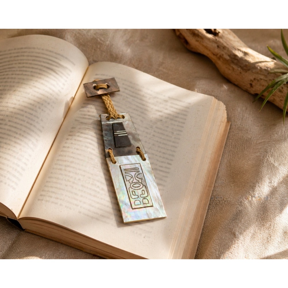 Mother of Pearl Bookmark‎ Totem Tiki Pendant Iridescent Inlay Raffia